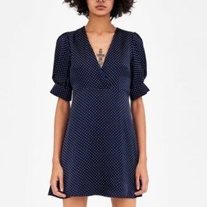 Zara Navy and White Polka Dot Satin Dress XS